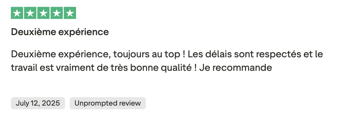 Avis Trustpilot 5 étoiles : deuxième expérience, toujours au top