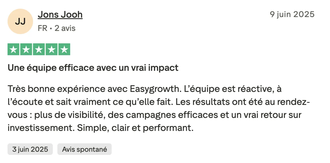 Avis Trustpilot 5 étoiles de Jons Jooh : une équipe efficace avec un vrai impact