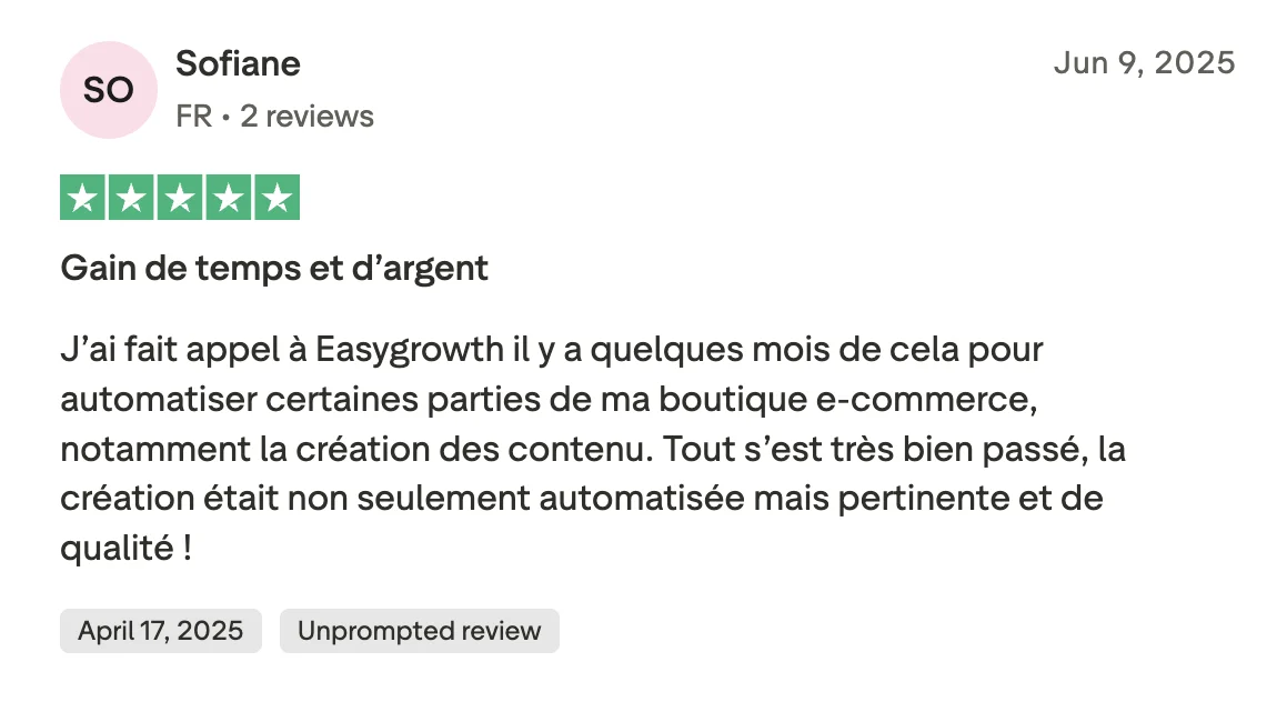 Avis Trustpilot 5 étoiles de Sofiane : gain de temps et d'argent