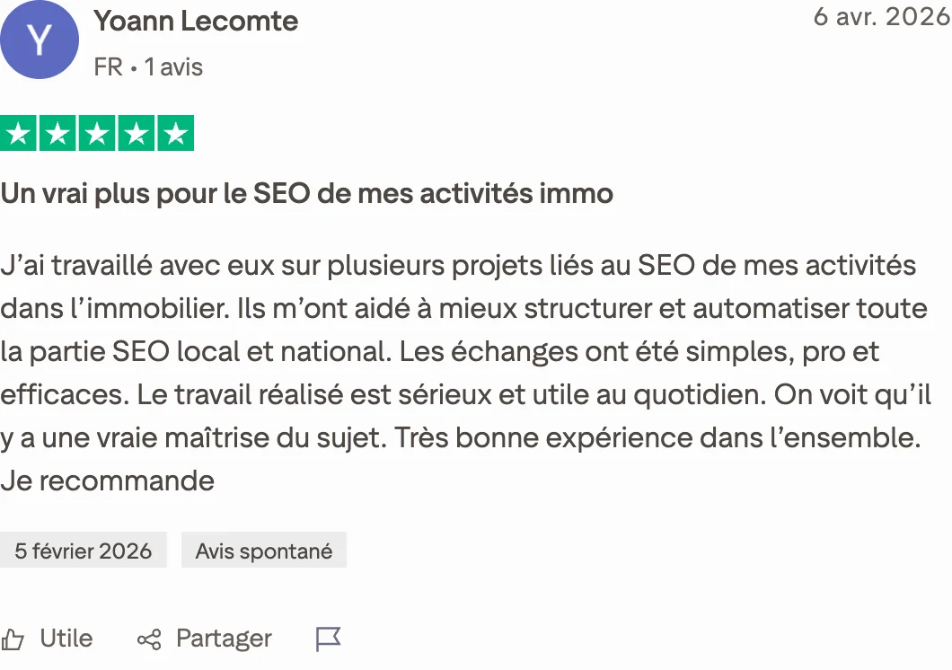 Avis Trustpilot 5 étoiles de Yoann Lecomte : un vrai plus pour mes activités immobilières